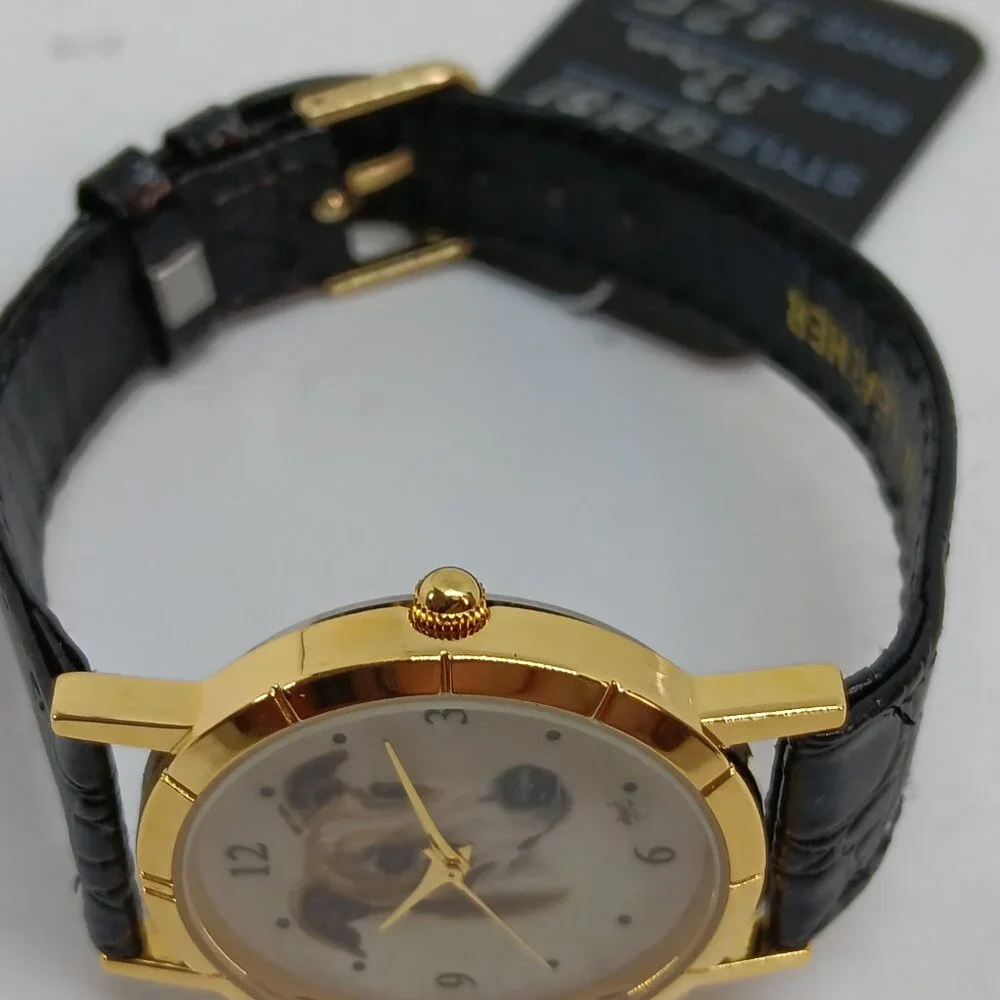 Greyhound 33mm Women's Gold Tone Black Leather Band Dog Watch